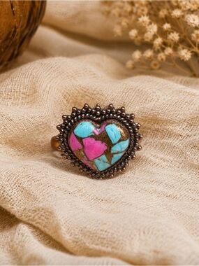 Adjustable Heart Cotton Candy Dahlia and Copper Ring